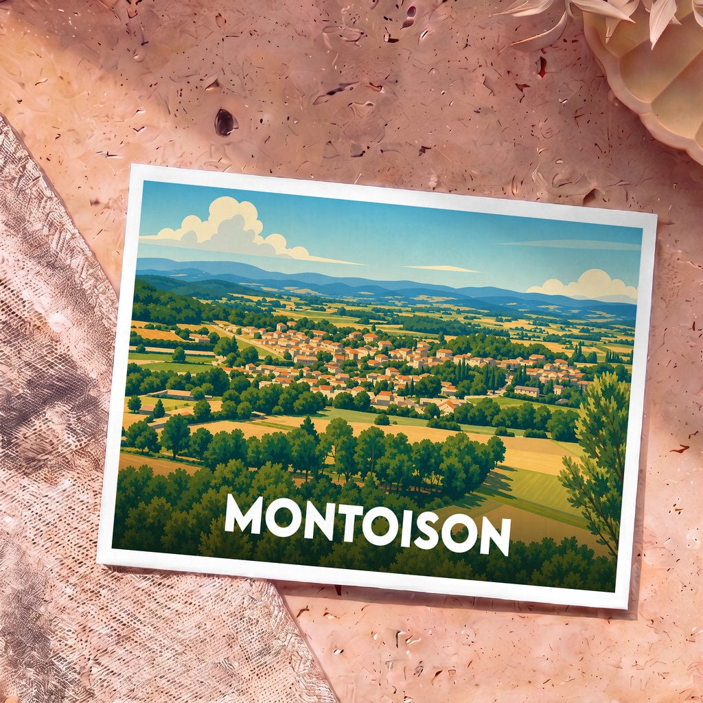 Carte postale souvenir de la ville de Montoison avec une illustration stylisée de son paysage vallonné.