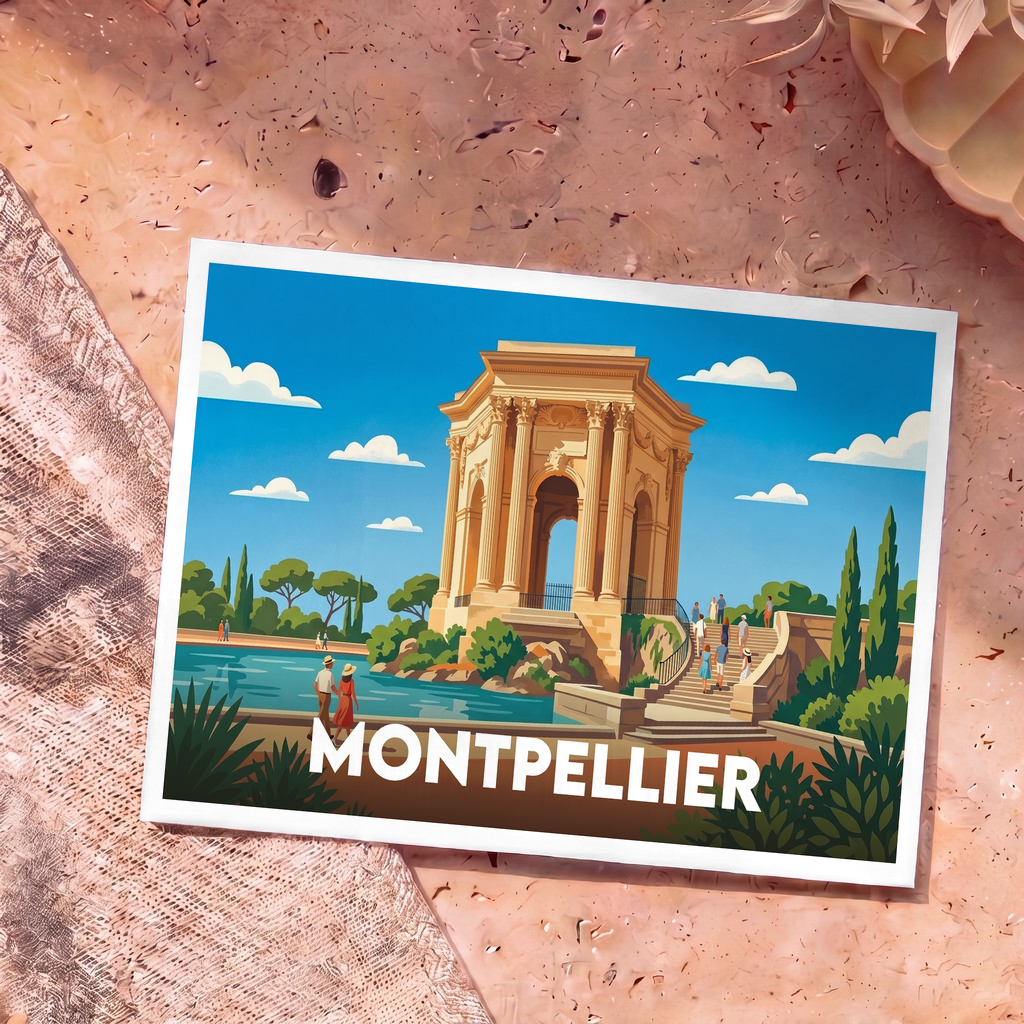Carte postale souvenir de la ville de Montpellier avec une illustration stylisée du Château d'eau du Peyrou.