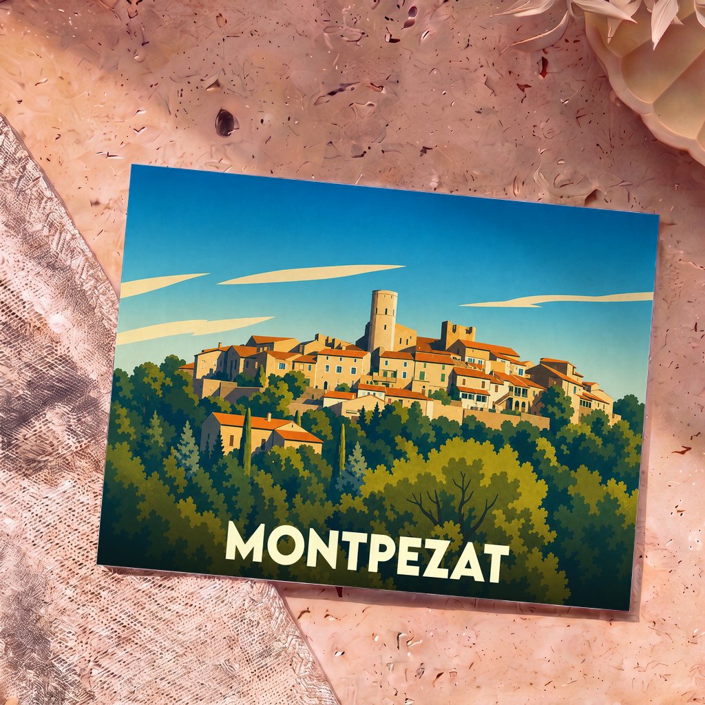 Carte postale souvenir de la ville de Montpezat avec une illustration stylisée de son village perché.