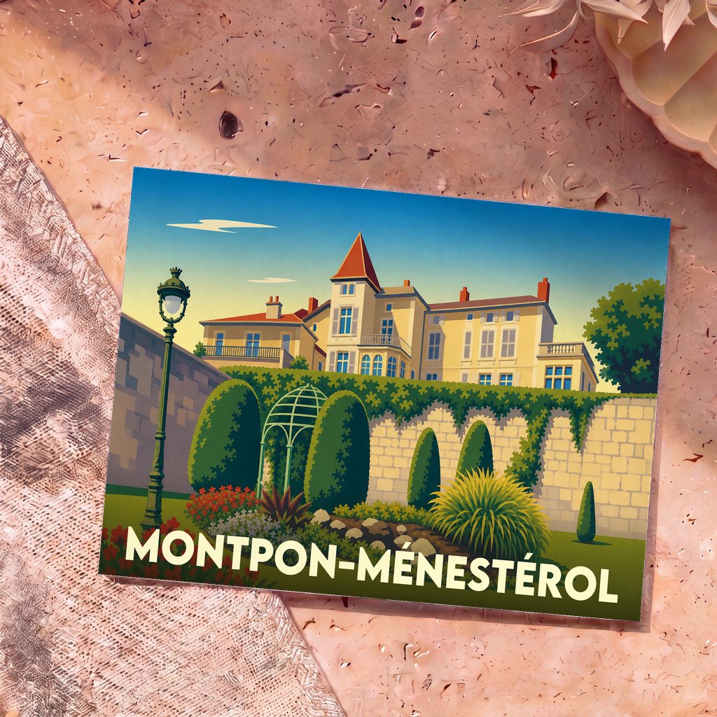 Carte postale souvenir de la ville de Montpon-Ménestérol avec une illustration stylisée d'une grande demeure et de son jardin.
