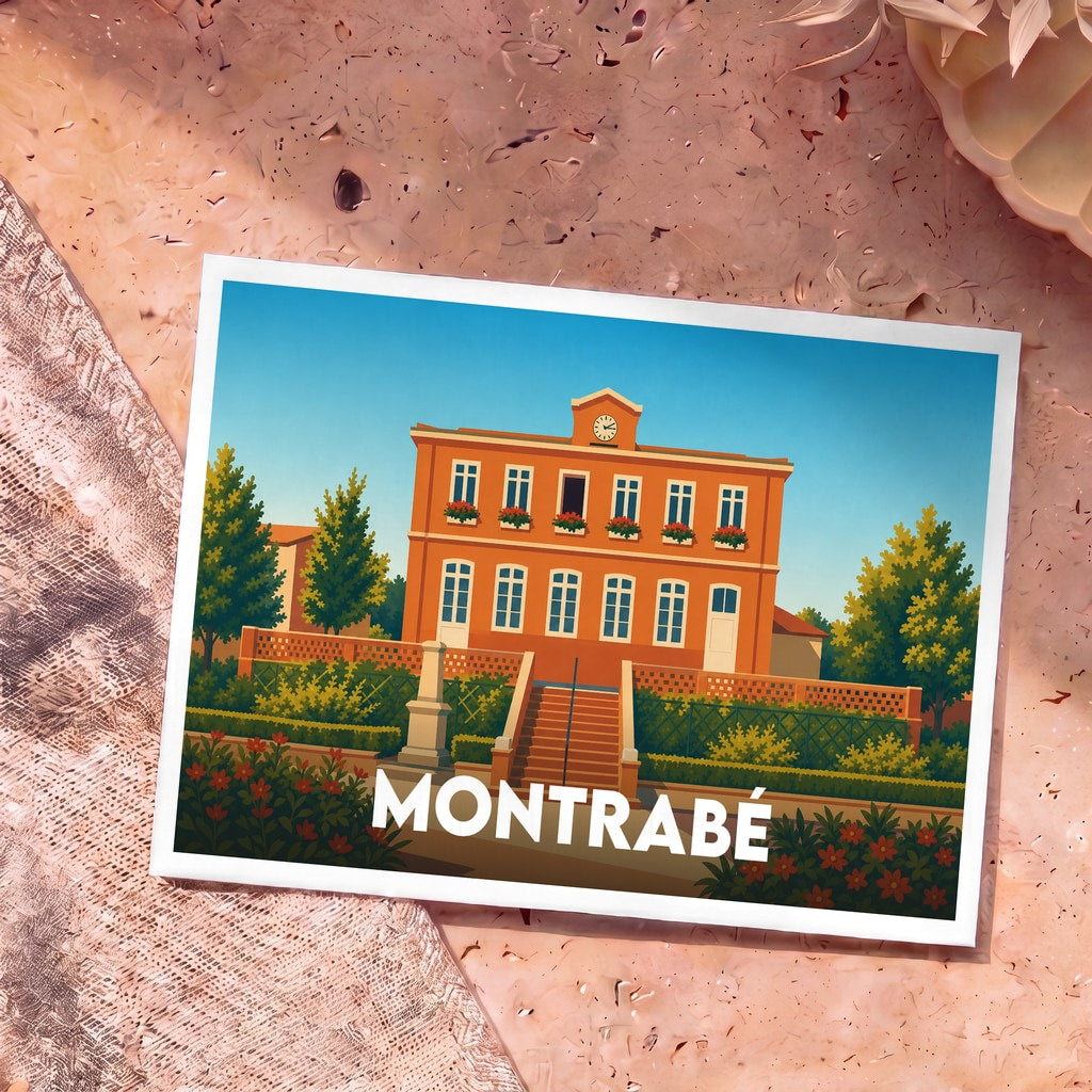 Carte postale souvenir de la ville de Montrabé avec une illustration stylisée de sa mairie.
