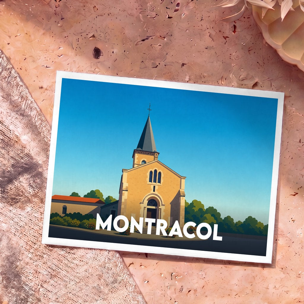 Carte postale souvenir de la ville de Montracol avec une illustration stylisée de son église.