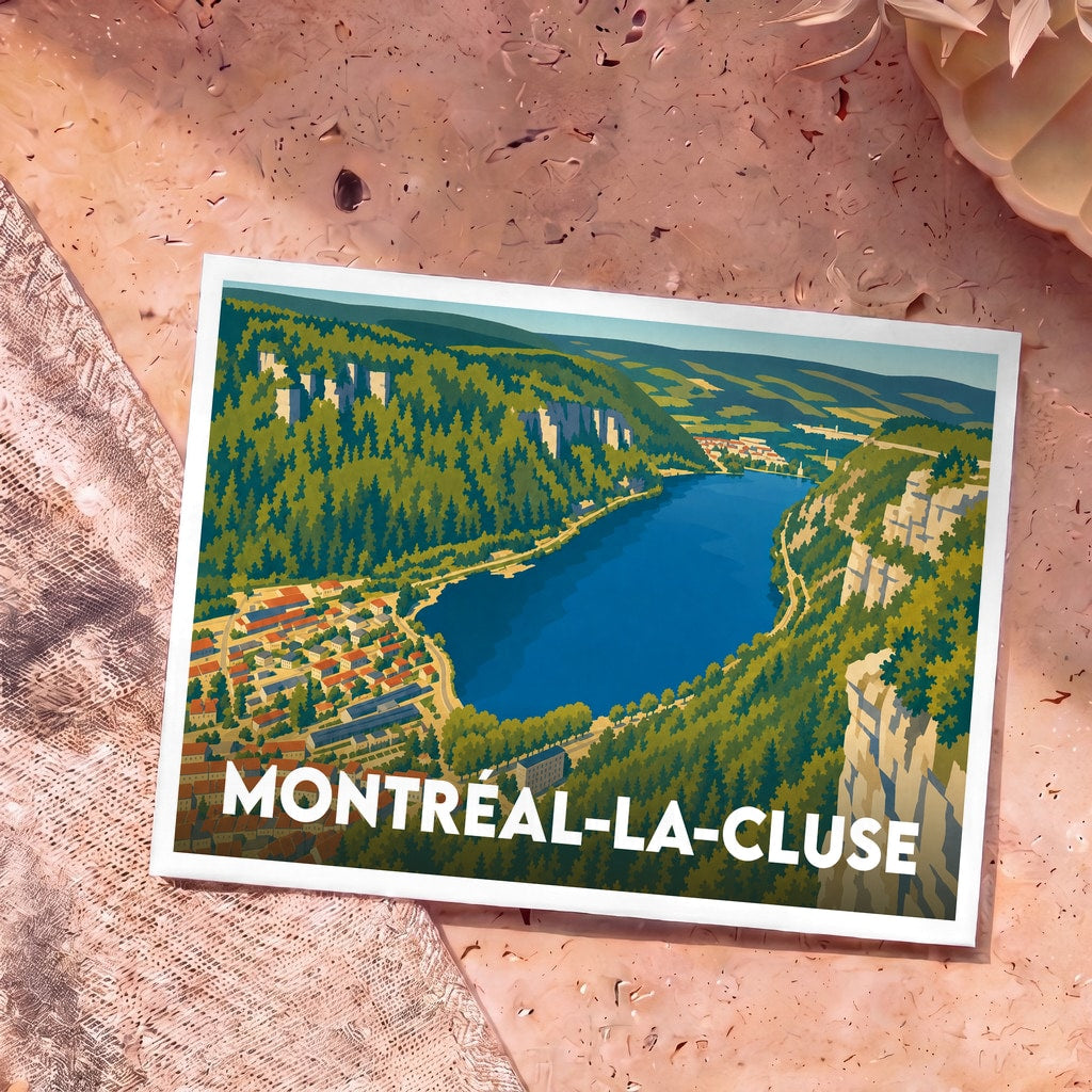 Carte postale souvenir de la ville de Montréal-la-Cluse avec une illustration stylisée de son lac et de ses montagnes.