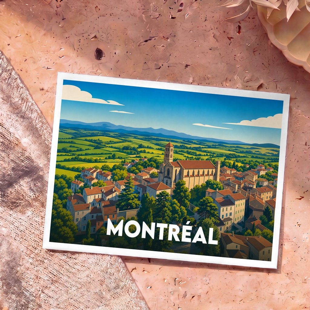 Carte postale souvenir de la ville de Montréal avec une illustration stylisée d'un village pittoresque niché dans une vallée verdoyante.