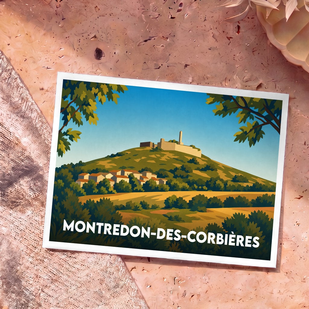 Carte postale souvenir de la ville de Montredon-des-Corbières avec une illustration stylisée d'un village perché.