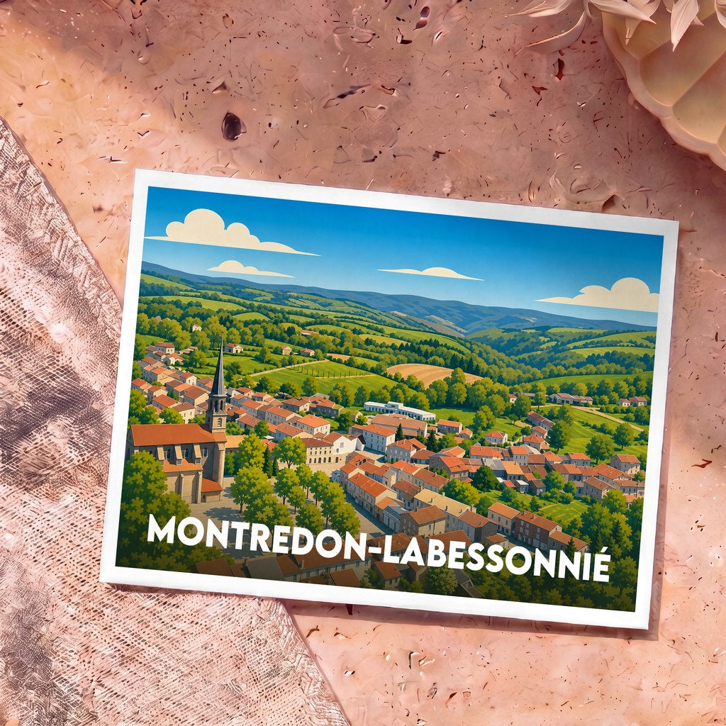 Carte postale souvenir de la ville de Montredon-Labessonnié avec une illustration stylisée d'un village vallonné.