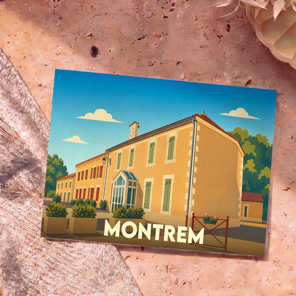 Carte postale souvenir de la ville de Montrem avec une illustration stylisée de sa mairie.