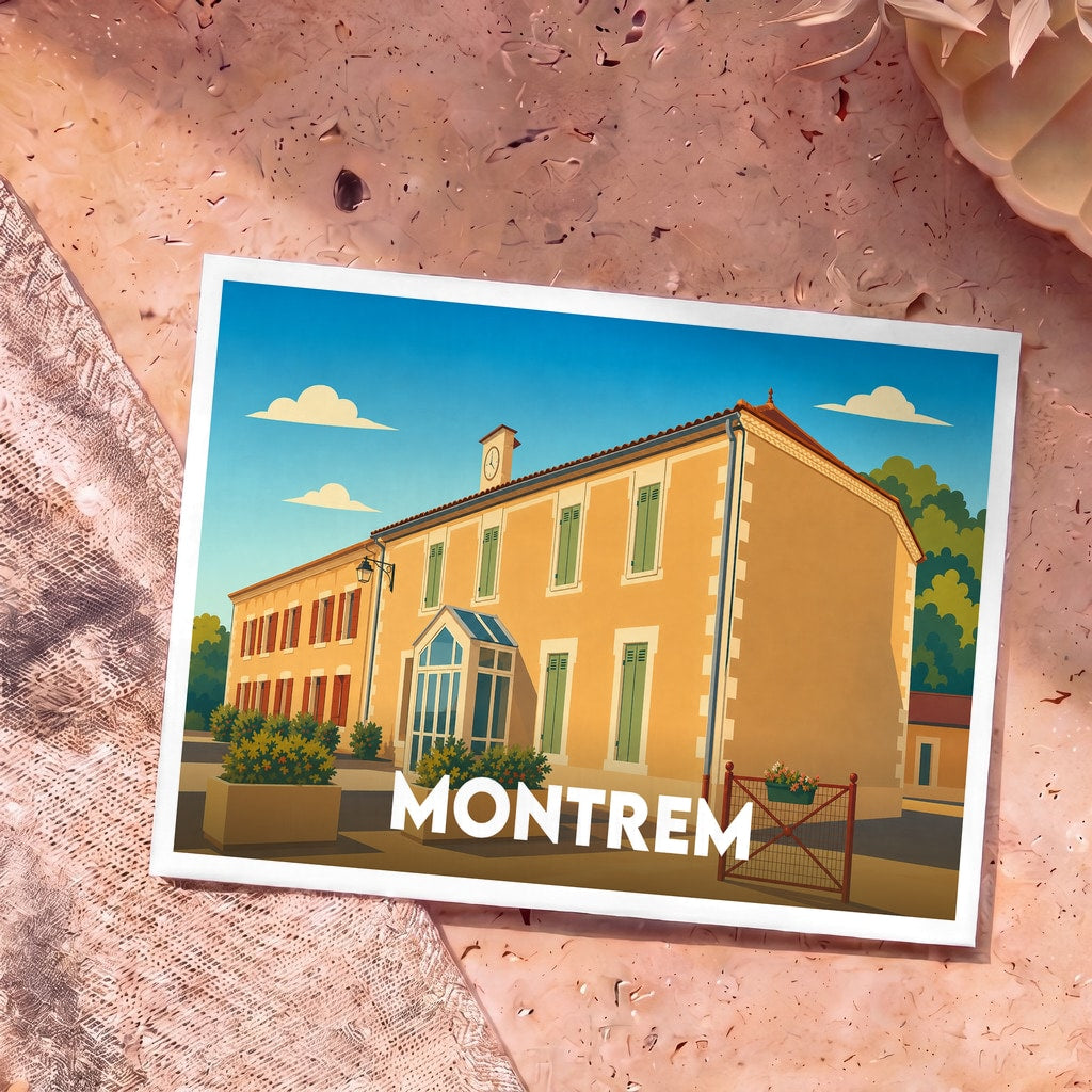 Carte postale souvenir de la ville de Montrem avec une illustration stylisée de sa mairie.
