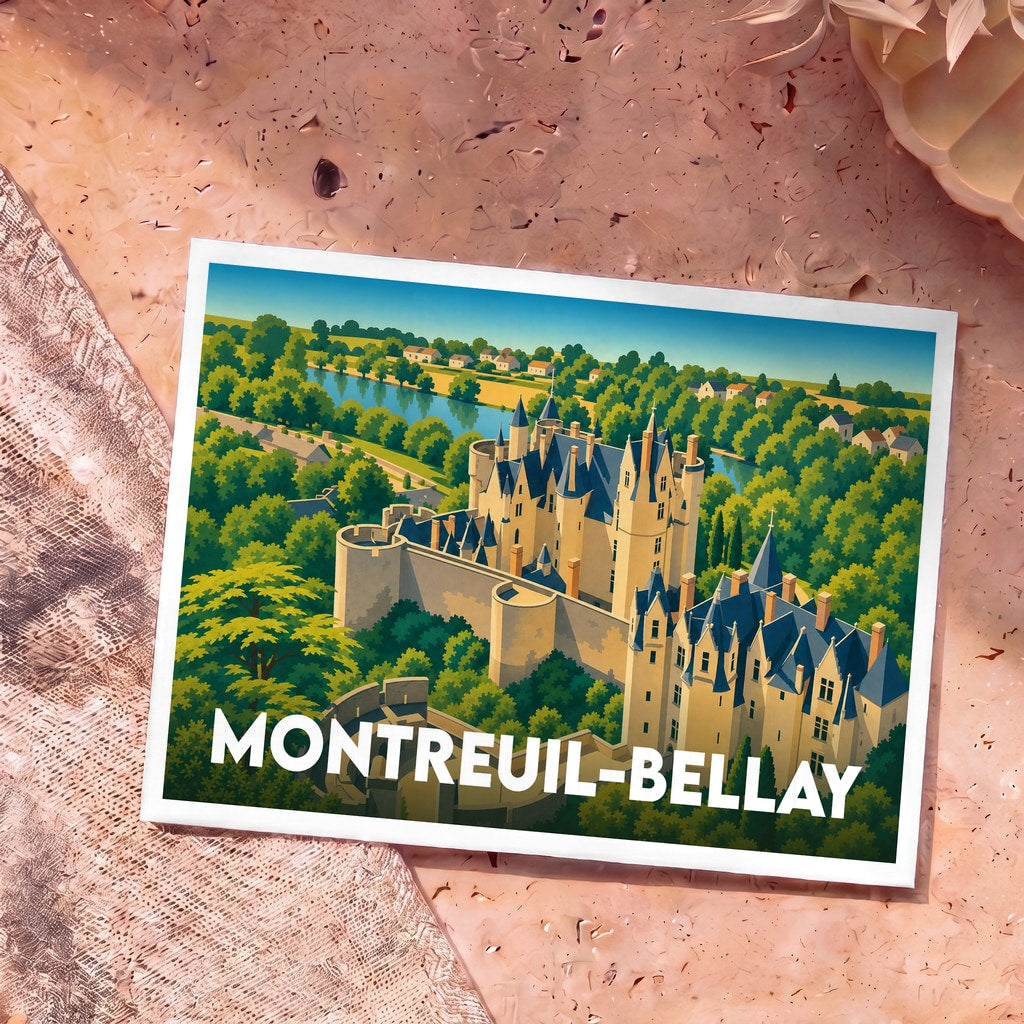 Carte postale souvenir de la ville de Montreuil-Bellay avec une illustration stylisée de son château.