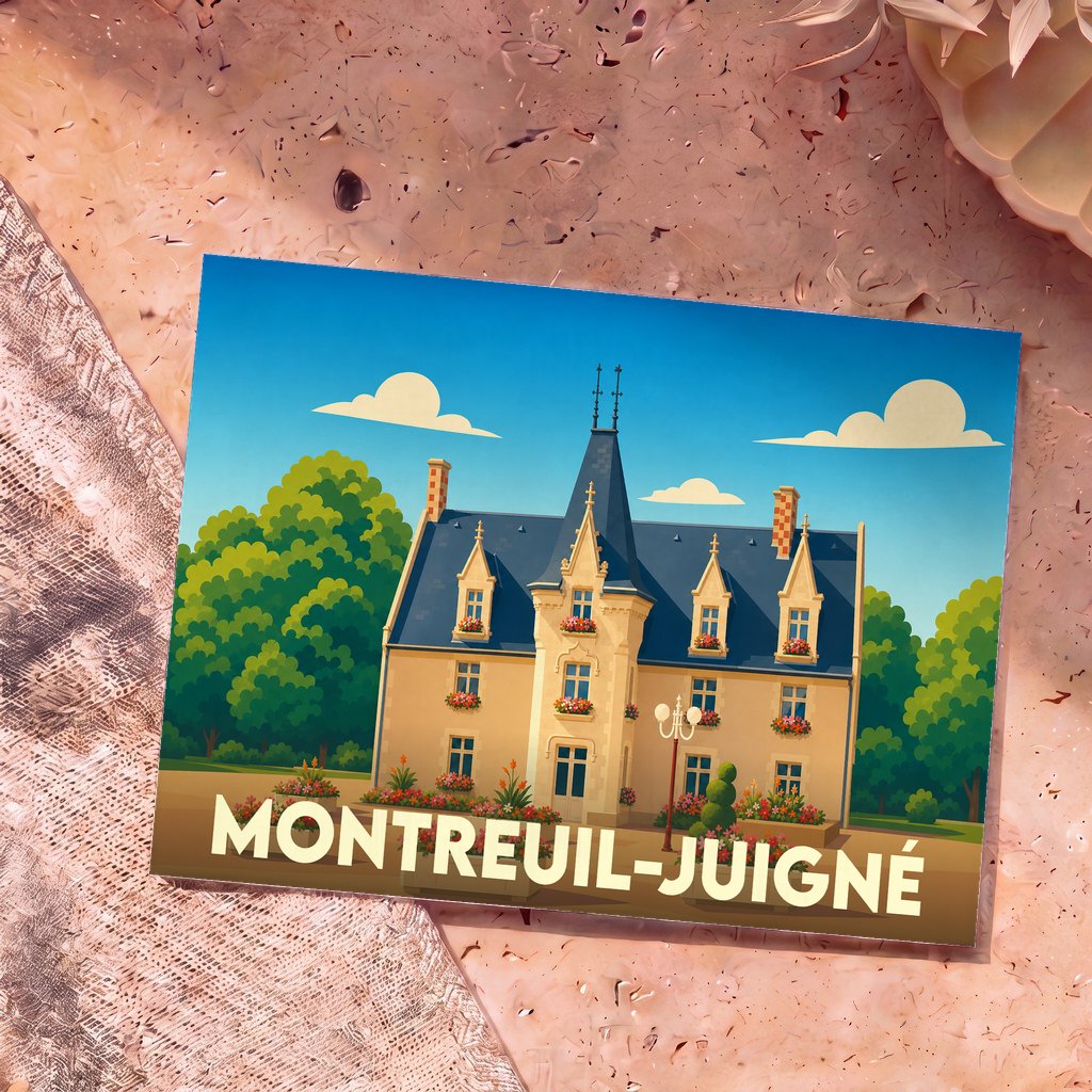 Carte postale souvenir de la ville de Montreuil-Juigné avec une illustration stylisée d'un manoir fleuri.