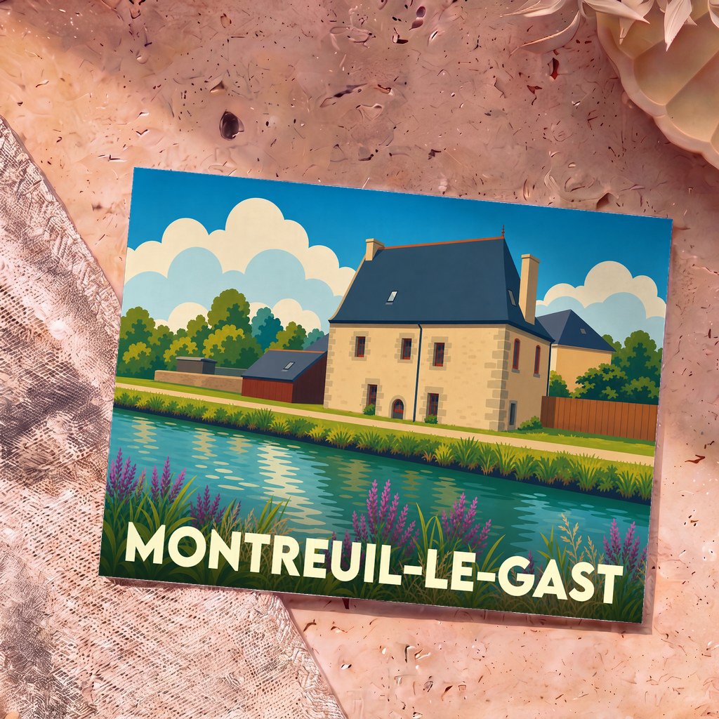 Carte postale souvenir de la ville de Montreuil-le-Gast avec une illustration stylisée d'une maison au bord de l'eau.