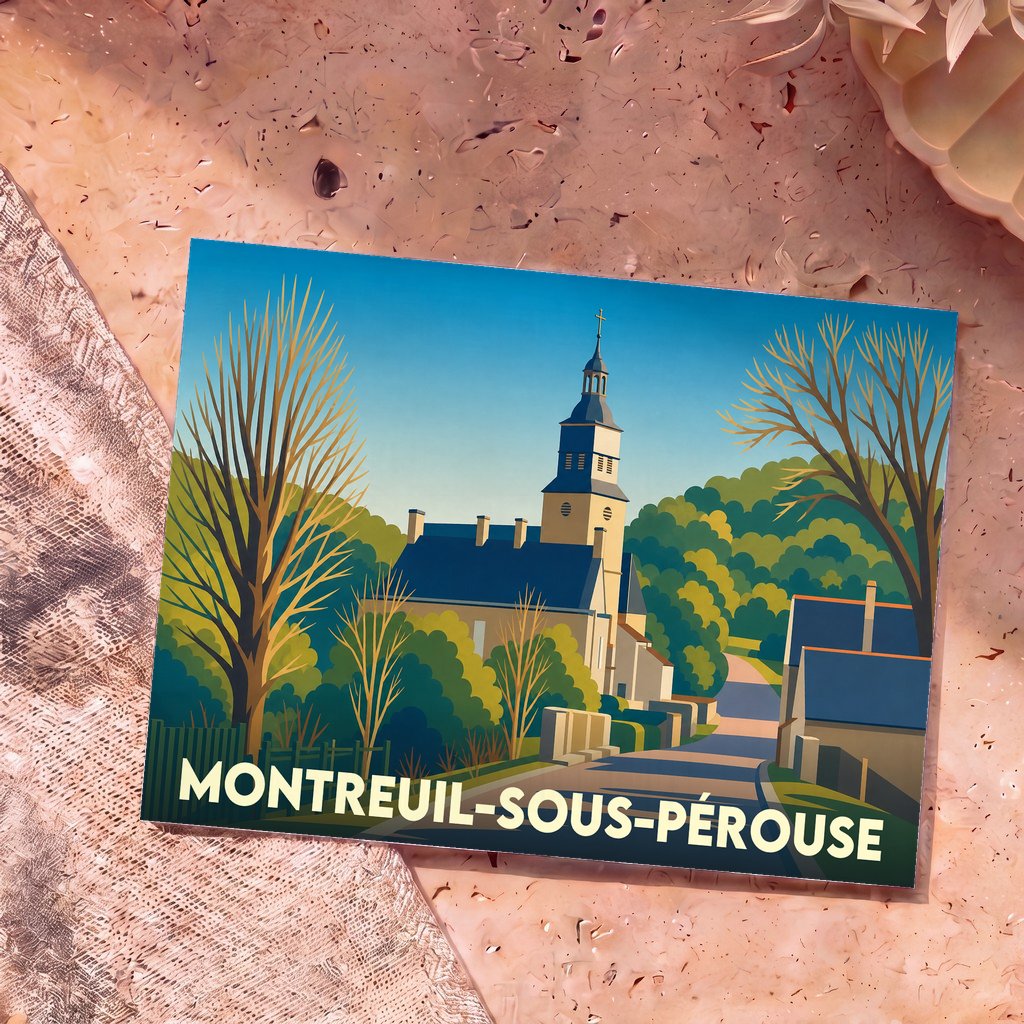 Carte postale souvenir de la ville de Montreuil-sous-Pérouse avec une illustration stylisée de son église et de ses paysages.