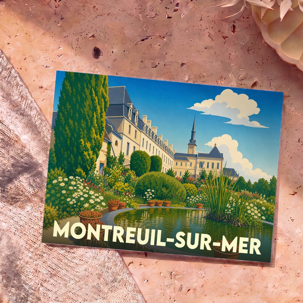 Carte postale souvenir de la ville de Montreuil-sur-Mer avec une illustration stylisée de ses jardins et de son architecture.