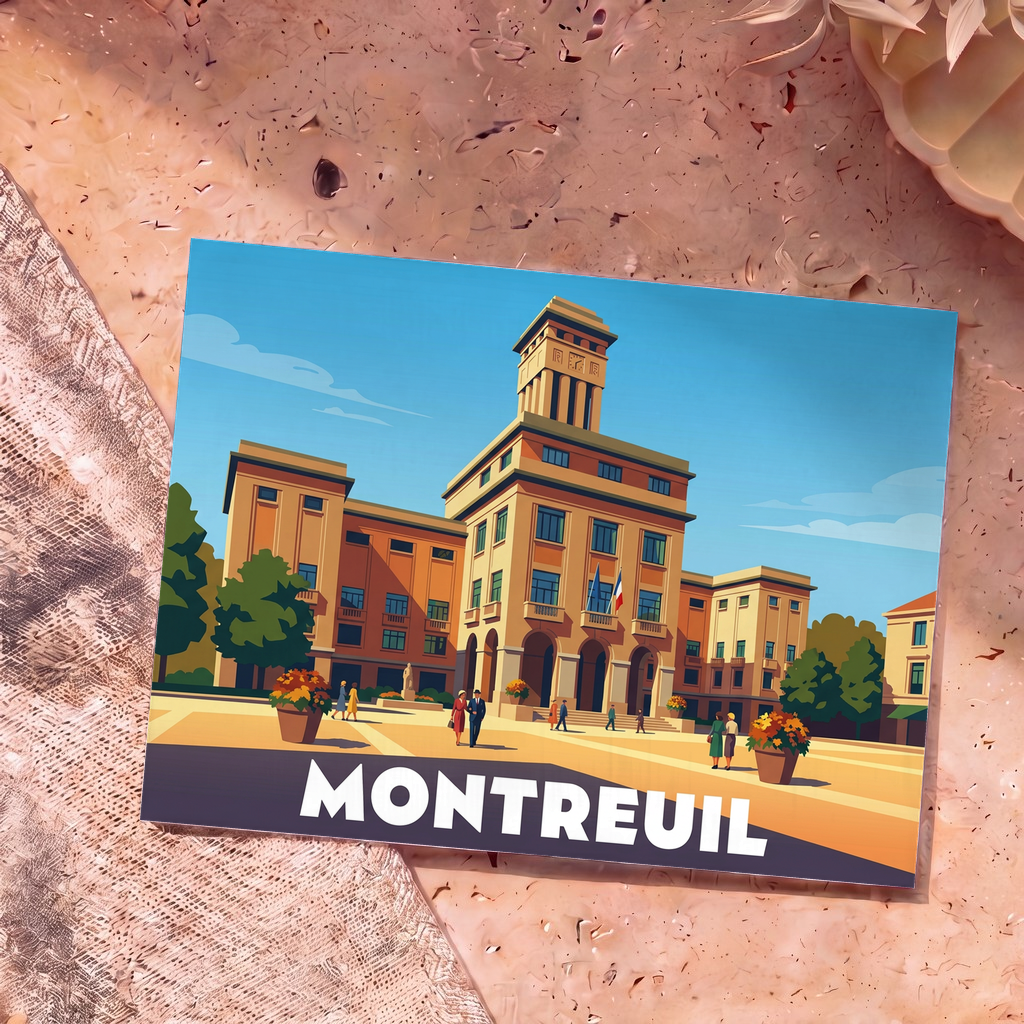 Carte postale souvenir de la ville de Montreuil avec une illustration stylisée de son hôtel de ville.