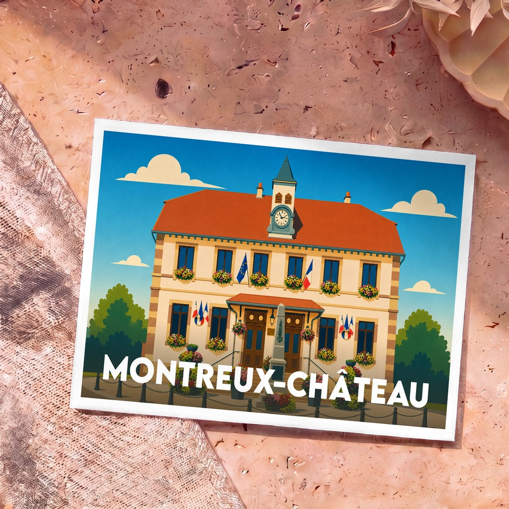 Carte postale souvenir de la ville de Montreux-Château avec une illustration stylisée de sa mairie.