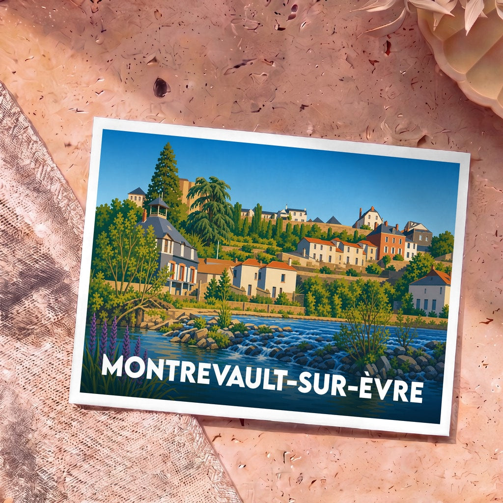 Carte postale souvenir de la ville de Montrevault-sur-Èvre avec une illustration stylisée.