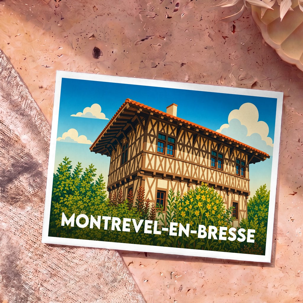 Carte postale souvenir de la ville de Montrevel-en-Bresse avec une illustration stylisée d'une maison traditionnelle à colombages.