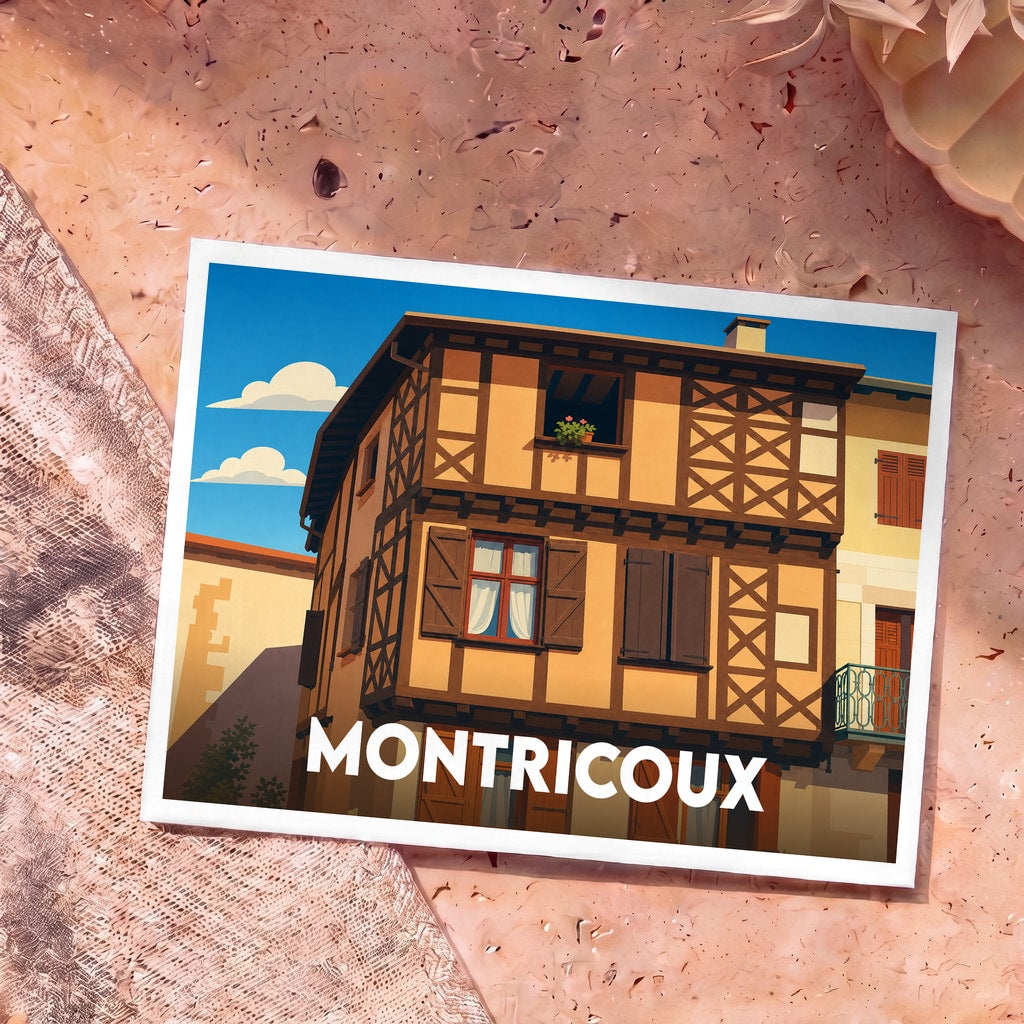 Carte postale souvenir de la ville de Montricoux illustrant une maison à colombages au style graphique épuré.