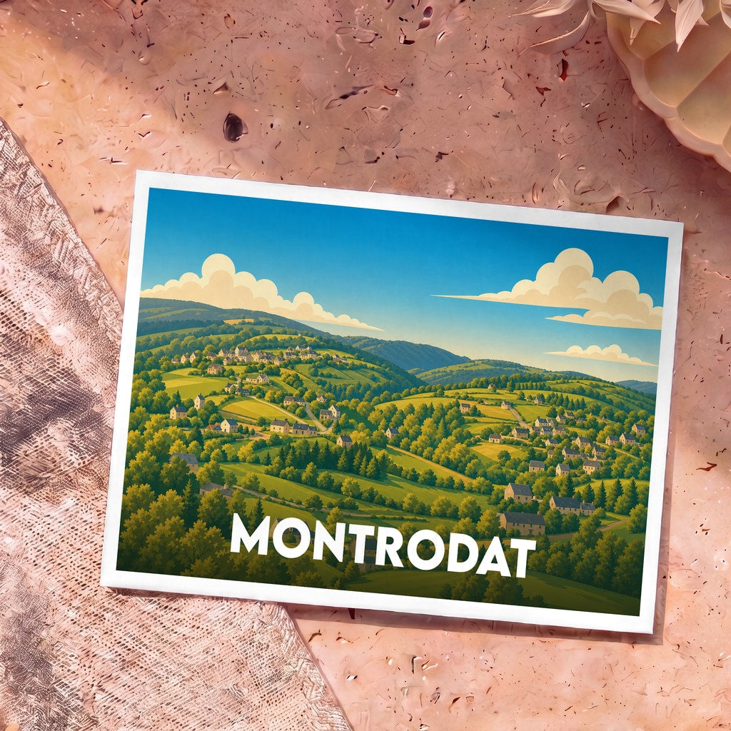 Carte postale souvenir de la ville de Montrodat avec une illustration stylisée de son paysage vallonné.