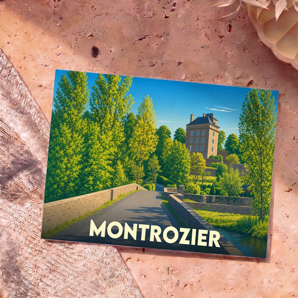 Carte postale souvenir de la ville de Montrozier avec une illustration stylisée d'un pont et du château.
