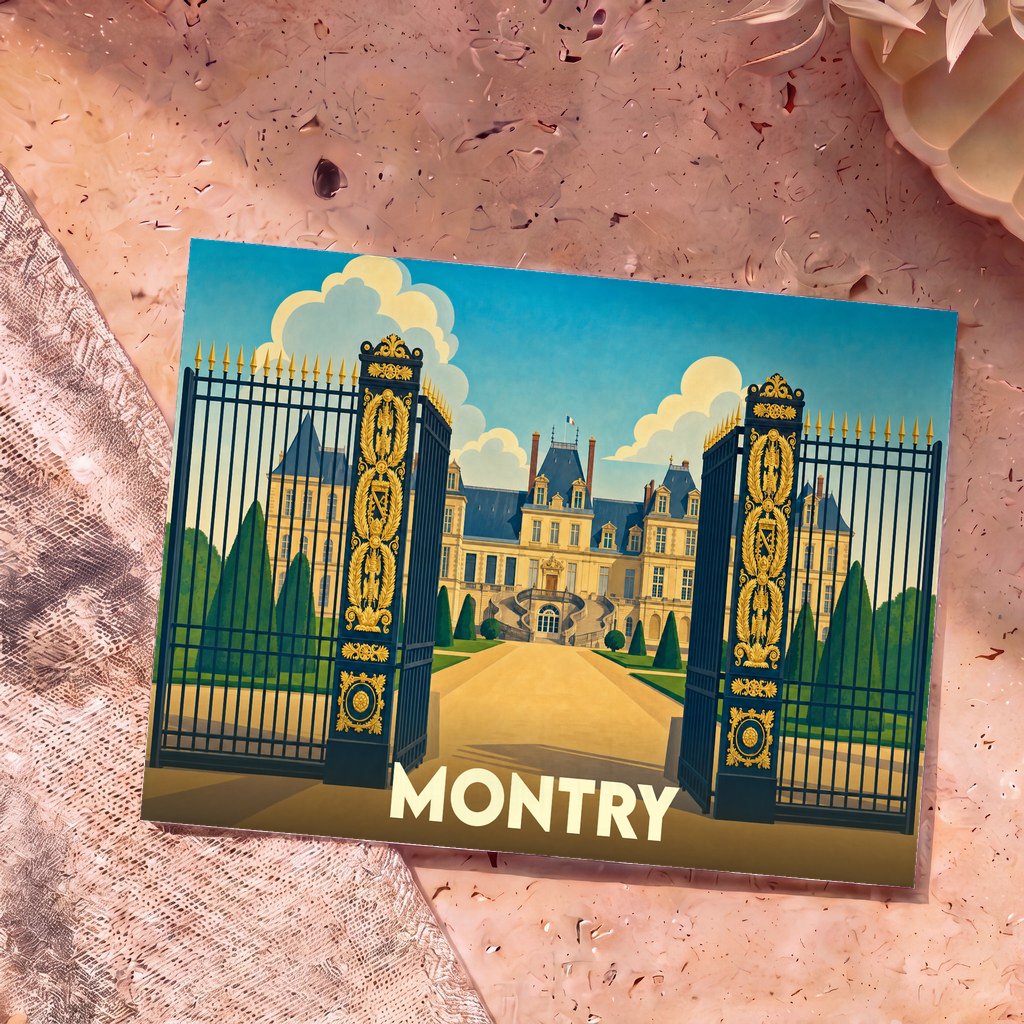 Carte postale souvenir de la ville de Montry illustrant un château majestueux derrière une grille dorée.
