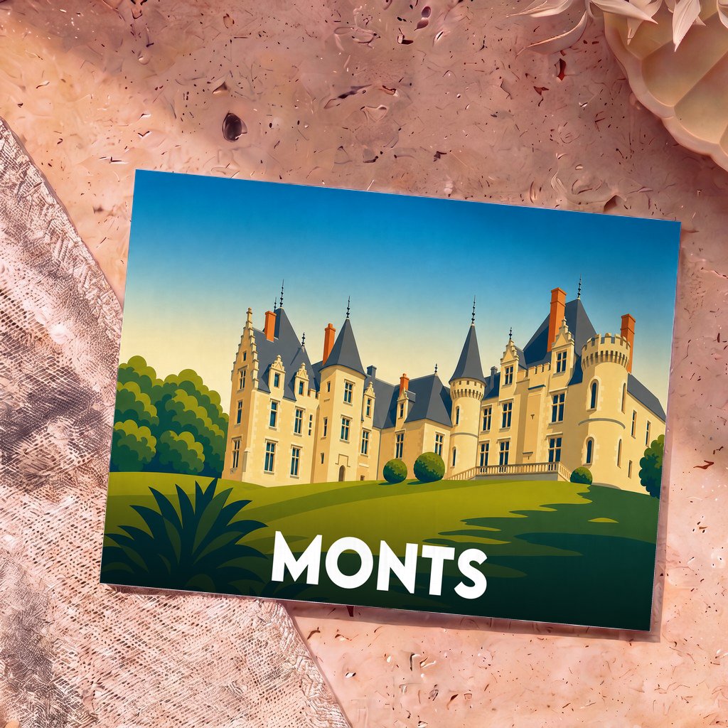 Carte postale souvenir de la ville de Monts illustrant un château stylisé sur un paysage verdoyant.