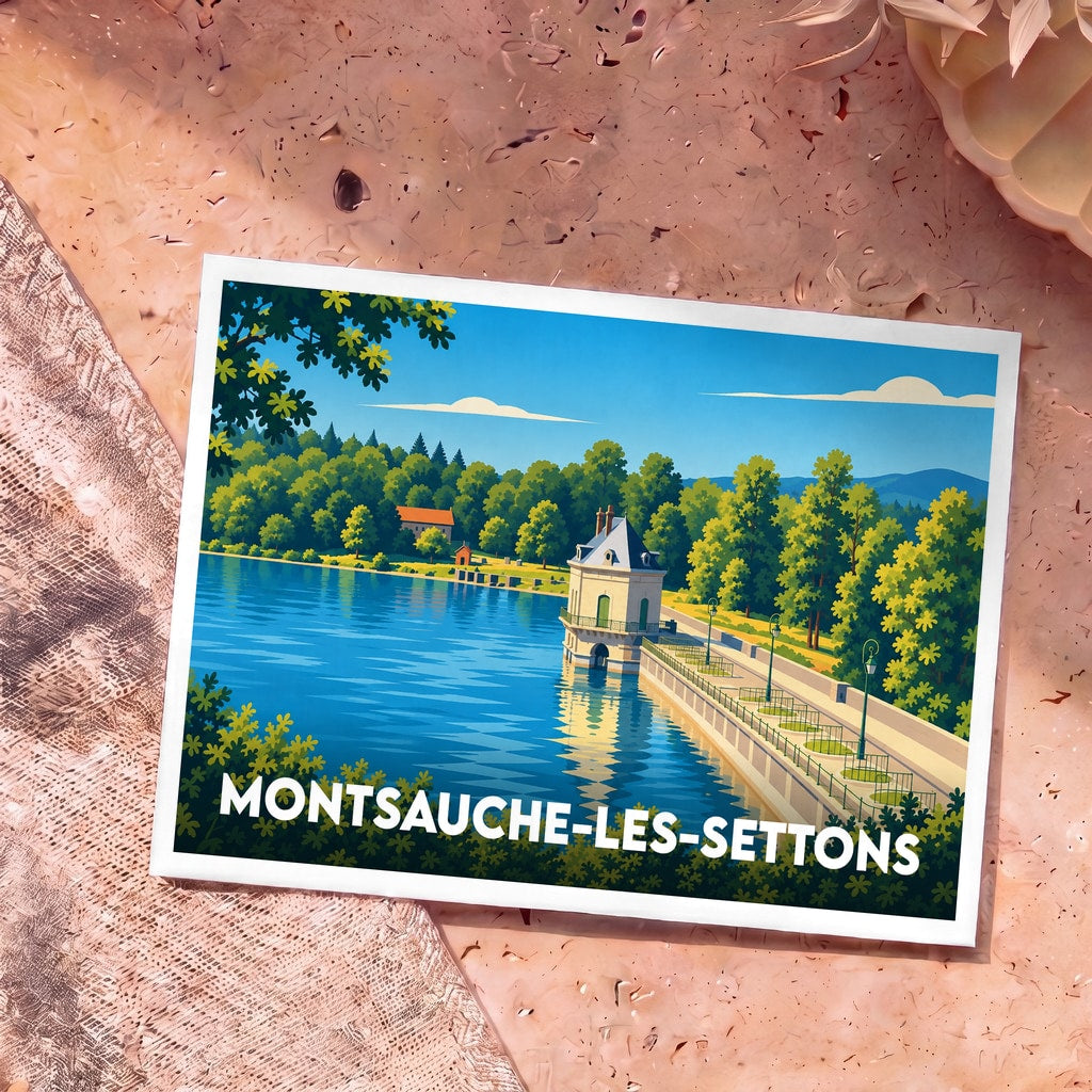 Carte postale souvenir de Montsauche-les-Settons illustrant le lac et son barrage dans un style graphique épuré.