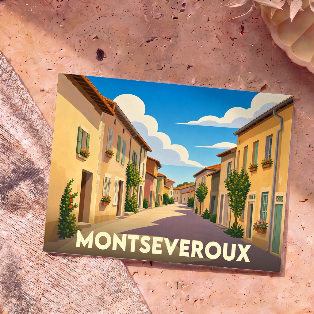 Carte postale souvenir de la ville de Montseveroux illustrant une rue de village ensoleillée dans un style graphique épuré.