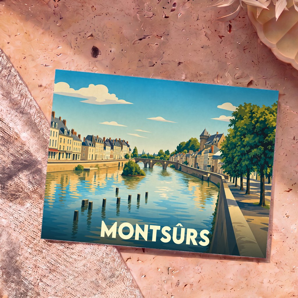 Carte postale souvenir de la ville de Montsûrs avec une illustration stylisée d'un pont et de bâtiments le long de la rivière.