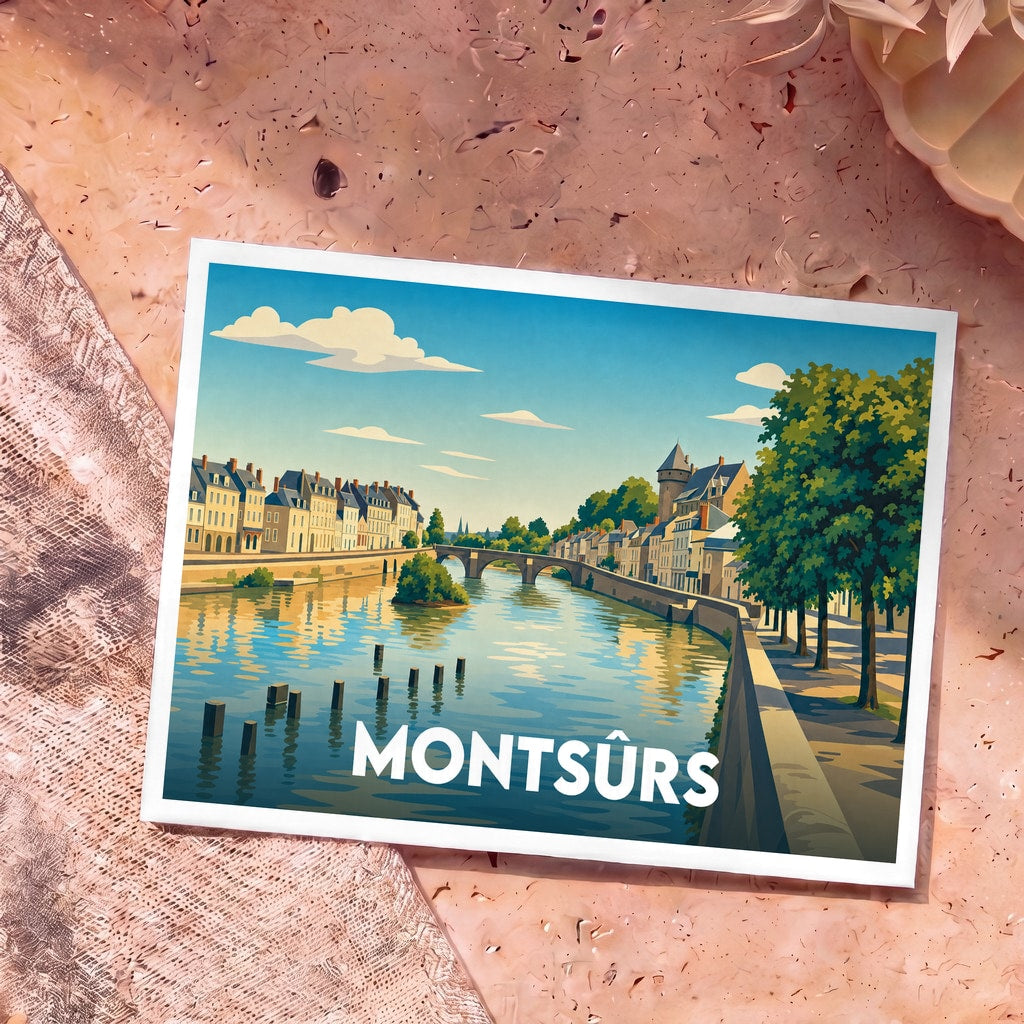 Carte postale souvenir de la ville de Montsûrs avec une illustration stylisée d'un pont et de bâtiments le long de la rivière.