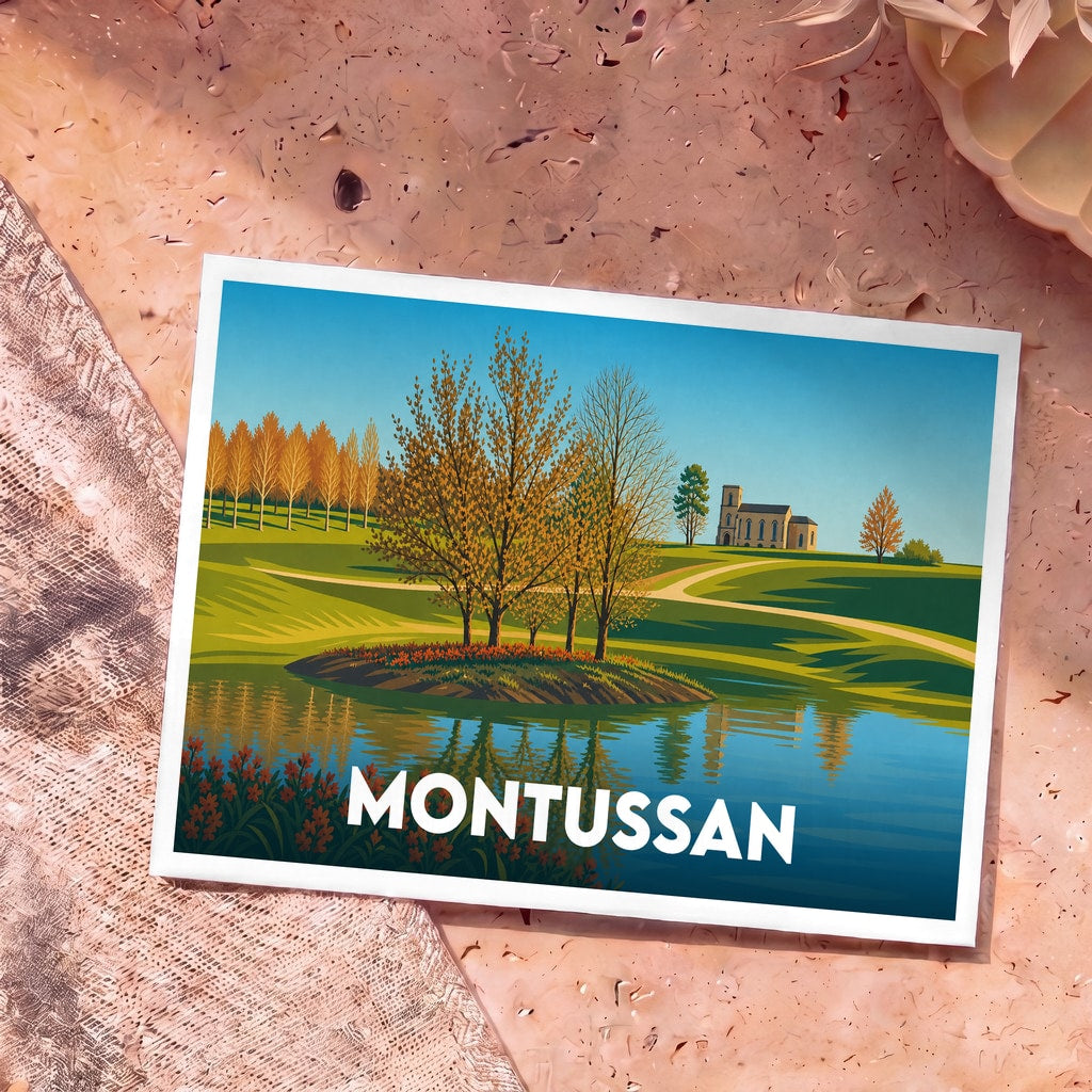 Carte postale souvenir de la ville de Montussan avec une illustration stylisée d'un paysage de campagne avec lac et église.