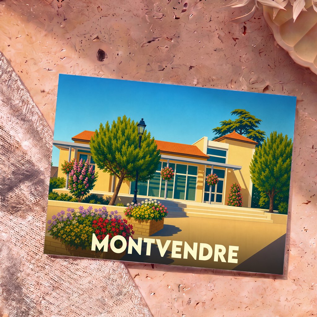 Carte postale souvenir de la ville de Montvendre illustrant un bâtiment ensoleillé avec des jardins fleuris.