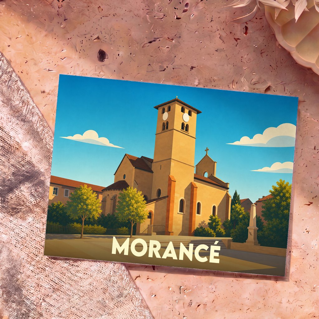 Carte postale souvenir de la ville de Morancé avec une illustration stylisée de son église sous un ciel bleu.