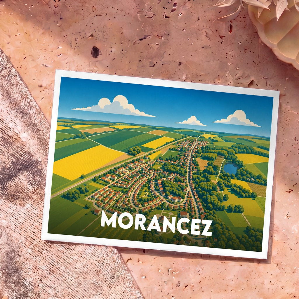Carte postale souvenir de la ville de Morancez avec une illustration aérienne stylisée de ses paysages et habitations.