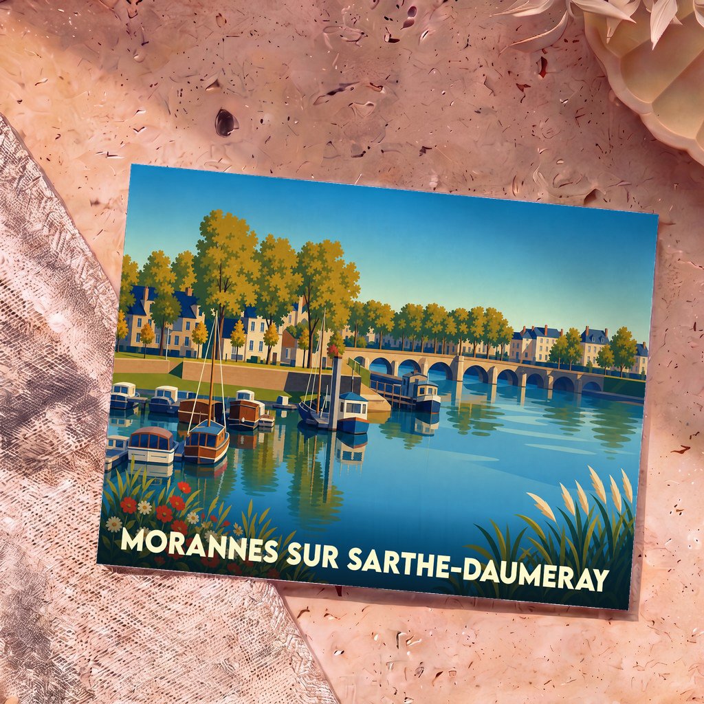 Carte postale souvenir de Morannes sur Sarthe-Daumeray avec une illustration stylisée d'un port fluvial et d'un pont de pierre.