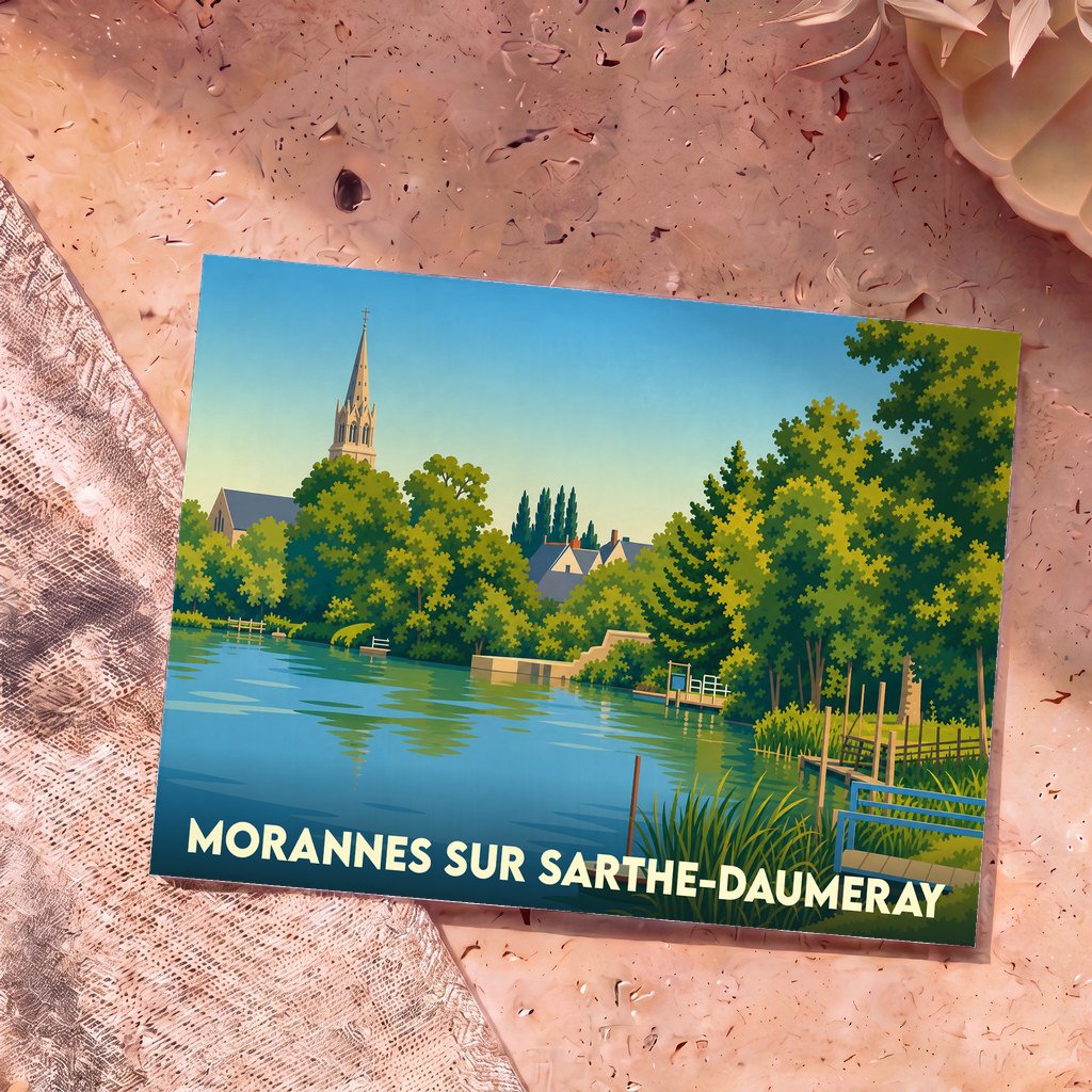 Carte postale souvenir de la ville de Morannes sur Sarthe-Daumeray avec une illustration stylisée d'un paysage fluvial.