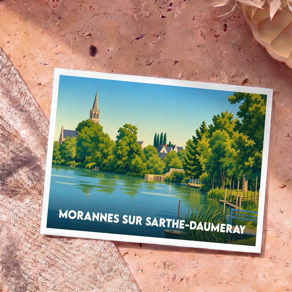 Carte postale souvenir de la ville de Morannes sur Sarthe-Daumeray avec une illustration stylisée d'un paysage fluvial.