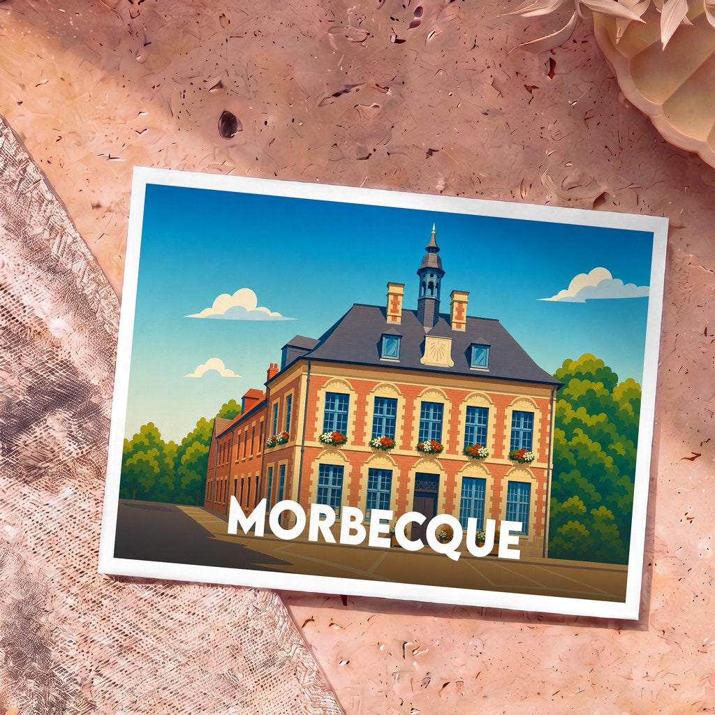 Carte postale souvenir de la ville de Morbecque avec une illustration stylisée de son hôtel de ville.