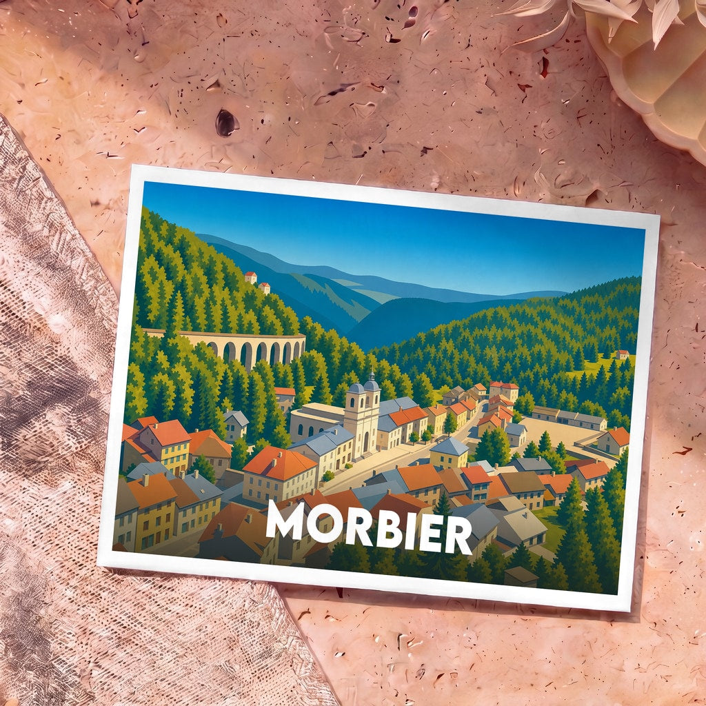 Carte postale souvenir de la ville de Morbier avec une illustration stylisée de son viaduc et de son église au cœur des montagnes.