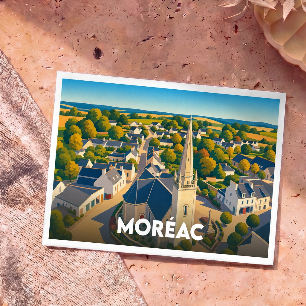 Carte postale souvenir de la ville de Moréac avec une illustration stylisée vue du ciel.