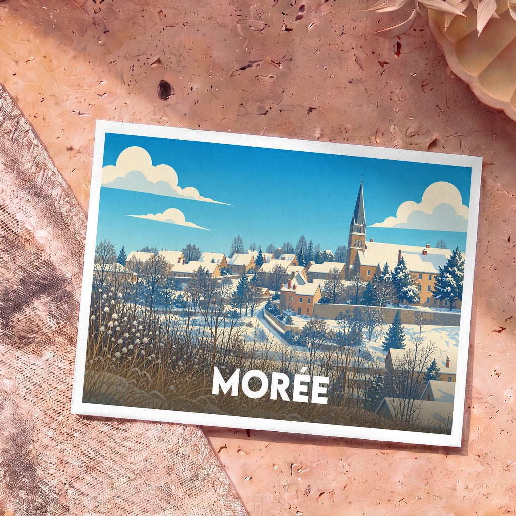 Carte postale souvenir de la ville de Morée présentant une illustration hivernale stylisée.