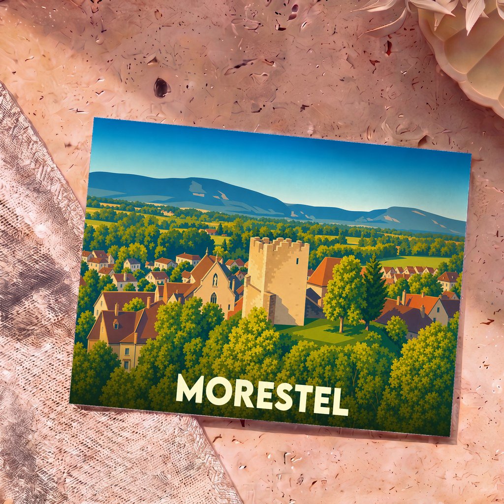 Carte postale souvenir de la ville de Morestel avec une illustration stylisée d'un paysage médiéval.
