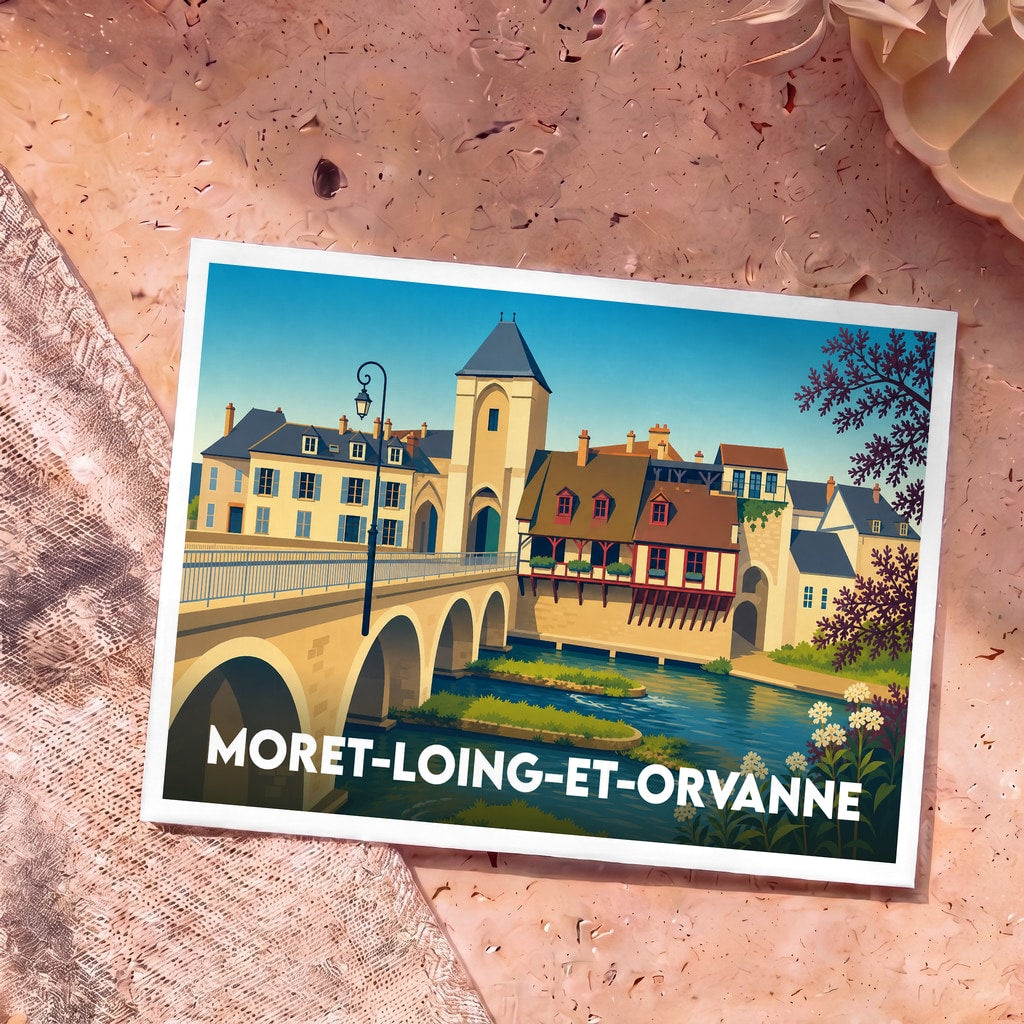 Carte postale souvenir de la ville de Moret-Loing-et-Orvanne avec une illustration stylisée de son pont et de ses maisons médiévales au bord de l'eau.
