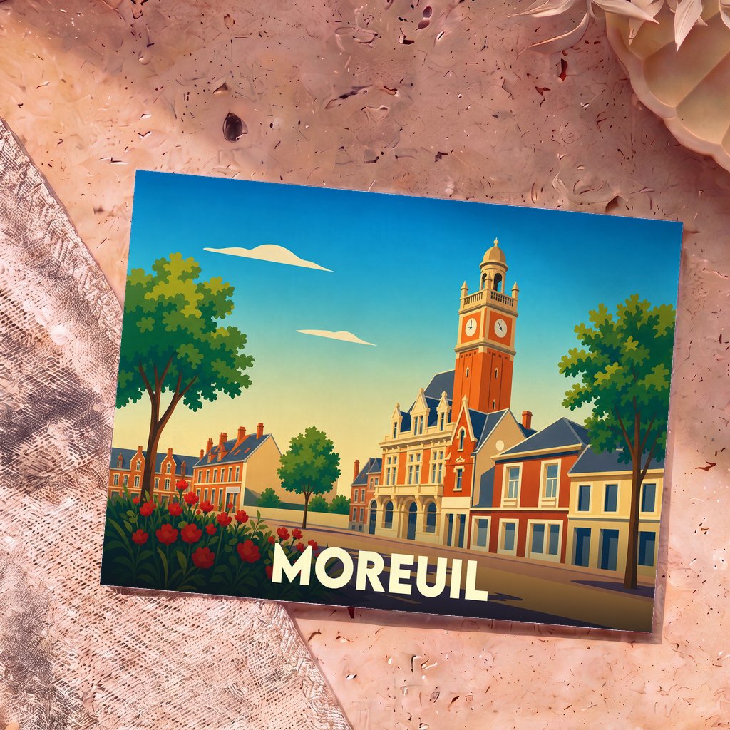 Carte postale souvenir de la ville de Moreuil avec une illustration stylisée de son hôtel de ville et de son beffroi.