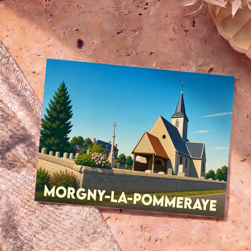 Carte postale souvenir de la ville de Morgny-la-Pommeraye avec une illustration stylisée de son église.