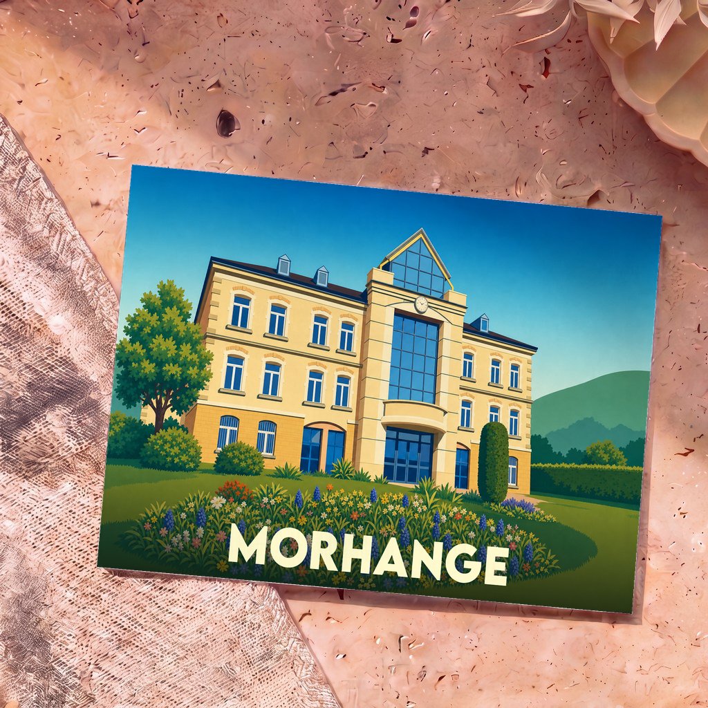 Carte postale souvenir de la ville de Morhange illustrant un bâtiment élégant entouré de fleurs sauvages.