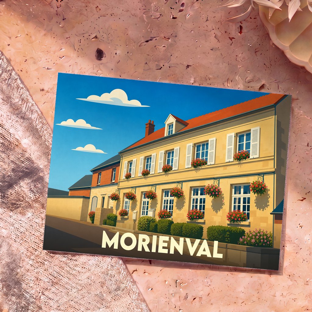 Carte postale souvenir de la ville de Morienval avec une illustration stylisée d'un bâtiment fleuri.