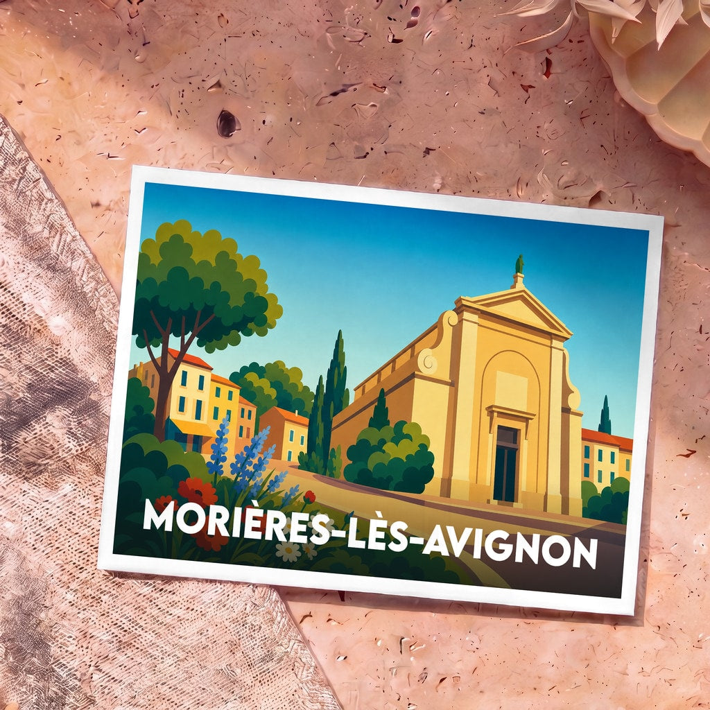 Carte postale souvenir de la ville de Morières-lès-Avignon avec une illustration stylisée de son église et de paysages provençaux.