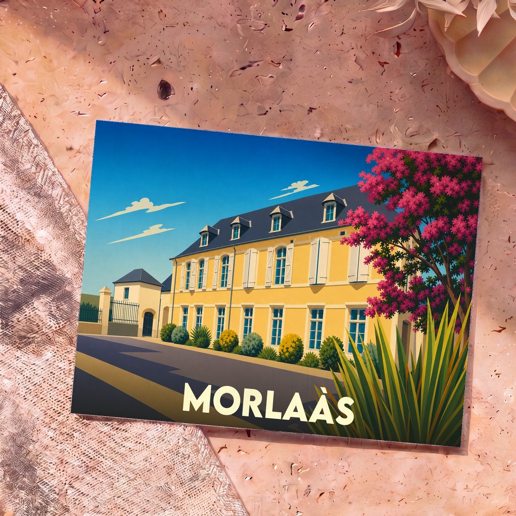 Carte postale souvenir de la ville de Morlaàs avec une illustration stylisée d'un bâtiment jaune typique.