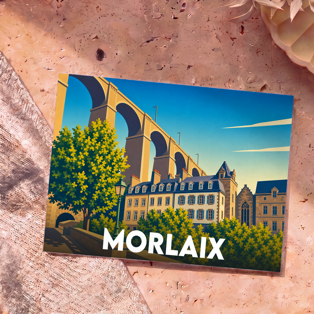 Carte postale souvenir de la ville de Morlaix avec une illustration stylisée de son célèbre viaduc et de ses maisons anciennes.